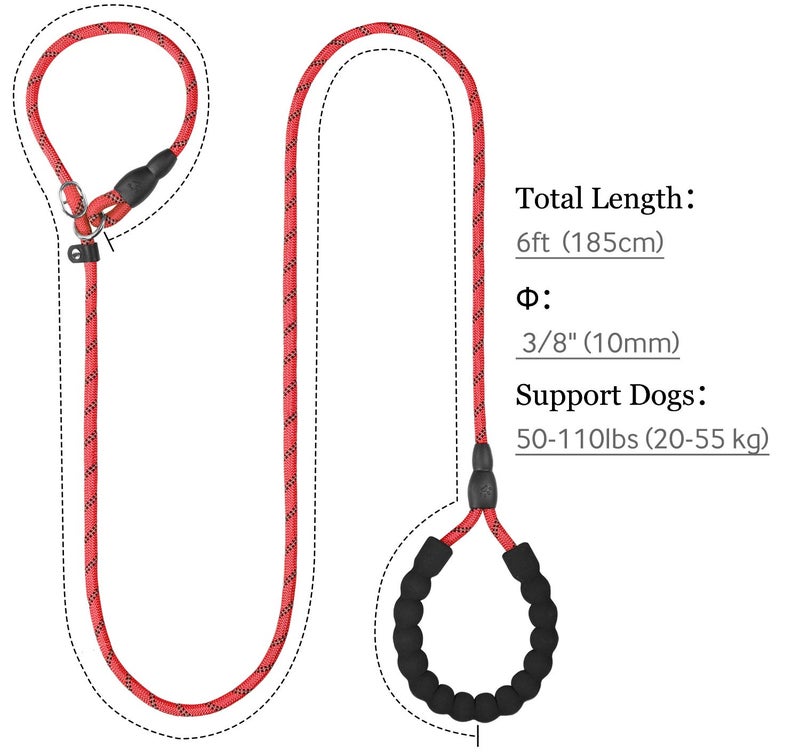 TagME Slip Leads for Dogs, 6 FT Heavy Duty Slip Leash with Padded Handle, Strong Rope No Pull Pet Training Leash for Medium Dogs,Red - Image 2